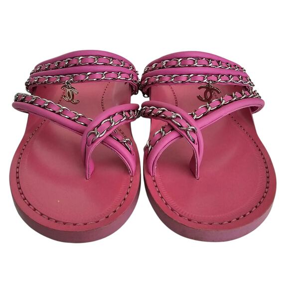 Chanel 19C CC Charm Chain Thong Flat Sandal Size 39 C US 8 8.5 Pink Leather - Picture 3 of 12